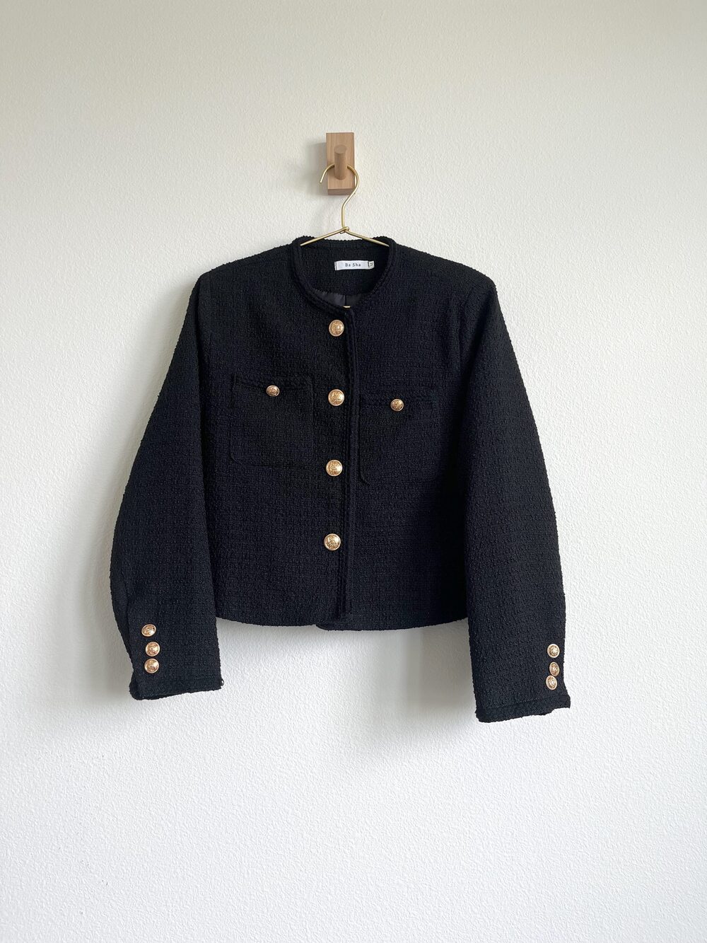 Black Textured Dark Academia Jacquard Blazer - Gold Crest Buttons - Size M